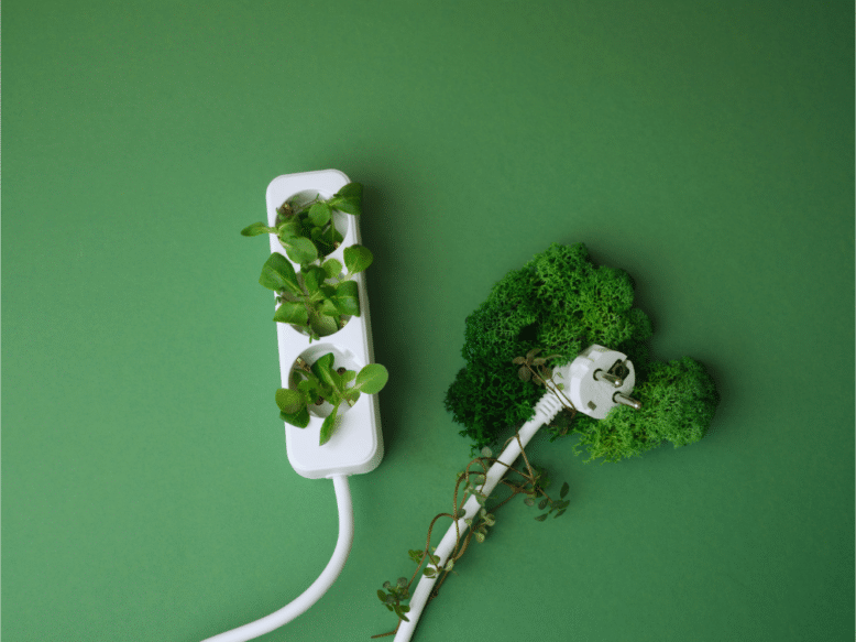Spina elettrica verde ricoperta di foglie e piante su sfondo verde, simbolo di energia sostenibile